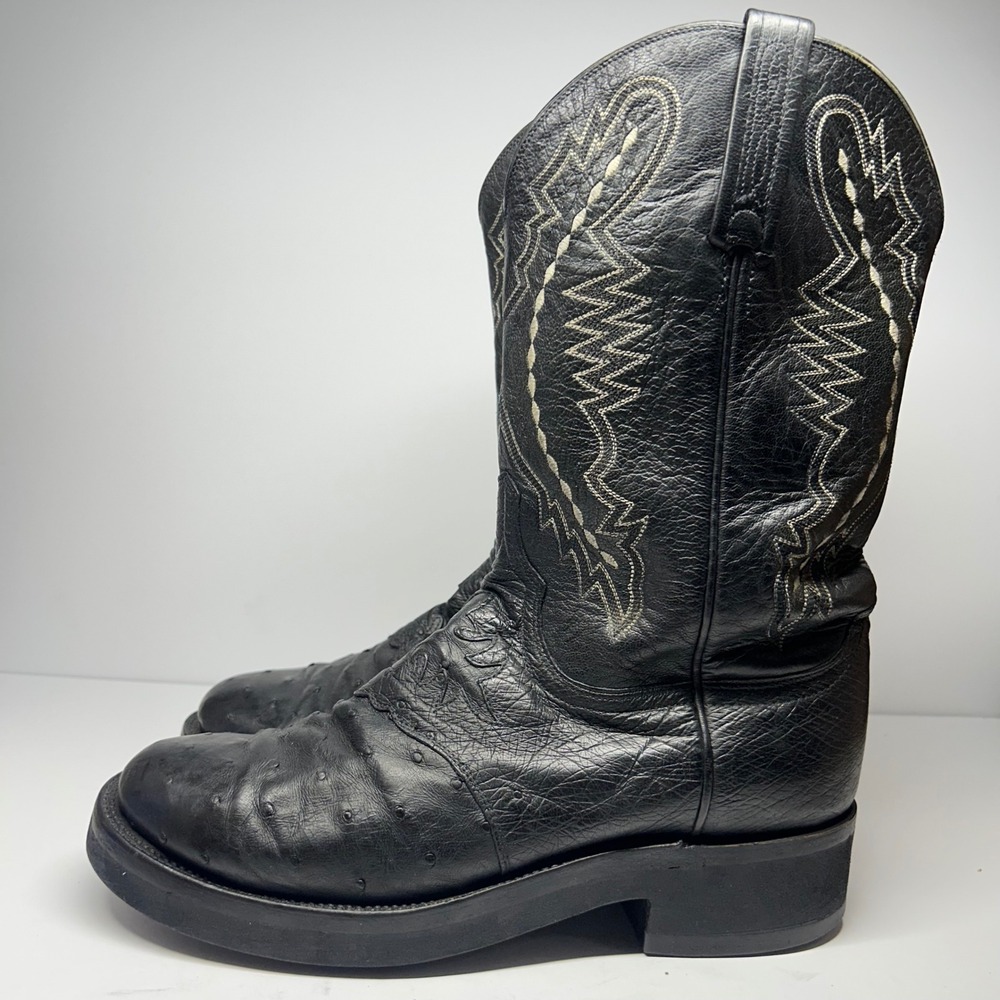 Lucchese 2000 Ostrich Leather Cowboy Boots Black Mens Size 8.5 EE Western Sole
